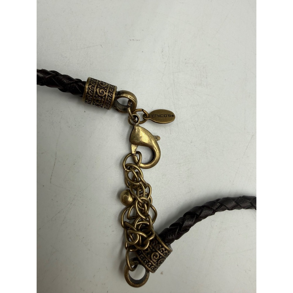 Chicos Bronze Tone Tribal Etched Round Pendant Braided Cord Necklace Statement - Picture 4 of 4